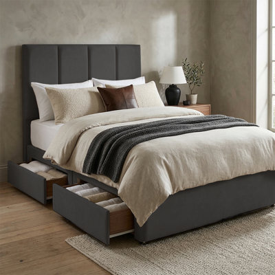 "Adore Designs Stafford Plush Velvet Divan Bed, 50"" Headboard & Mattress - 3Ft Single - Grey - 2 Drawers Same Side" - image 1