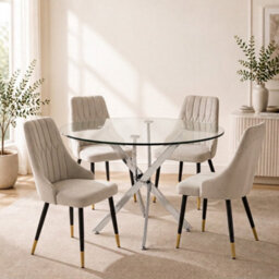 Oira Homes Modern 4 Seater Dining Table Set With Round Glass Dining Table And 4 Cream Velvet Chairs - thumbnail 2