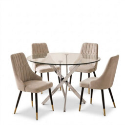 Oira Homes Modern 4 Seater Dining Table Set With Round Glass Dining Table And 4 Cream Velvet Chairs - thumbnail 1