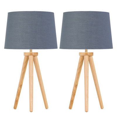 First Choice Lighting Set Of 2 Light Oak Table Lamp Or Bedside Lights With Grey Gold Shades - image 1