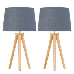 First Choice Lighting Set Of 2 Light Oak Table Lamp Or Bedside Lights With Grey Gold Shades