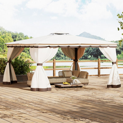 Living And Home 13 X 13Ft Tiered Roof Metal Frame Patio Gazebo With Beige Curtains - image 1
