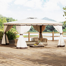 Living And Home 13 X 13Ft Tiered Roof Metal Frame Patio Gazebo With Beige Curtains - thumbnail 1