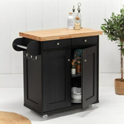 LPD Portland Black & Oak Kitchen Island - Smart Storage With Solid Wood Worktop