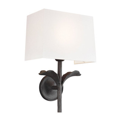 Elegant Wall Light With Stem & Leaf Design - White Linen Shade And Aged Iron Finish