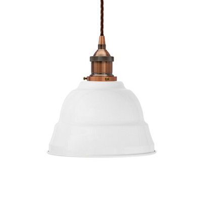 White Lincoln Painted Dome Pendant Light With Antique Copper Lamp Holder And Brown Twisted Cable - Se Home - image 1