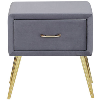 Wyld And Coco Grey Velvet Bedside Table With 1 Drawer, Gold-Tone Hairpin Legs, Small Minimalist Nightstand (W46 X D38 X H49Cm) - image 1