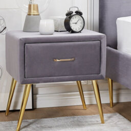 Wyld And Coco Grey Velvet Bedside Table With 1 Drawer, Gold-Tone Hairpin Legs, Small Minimalist Nightstand (W46 X D38 X H49Cm) - thumbnail 2