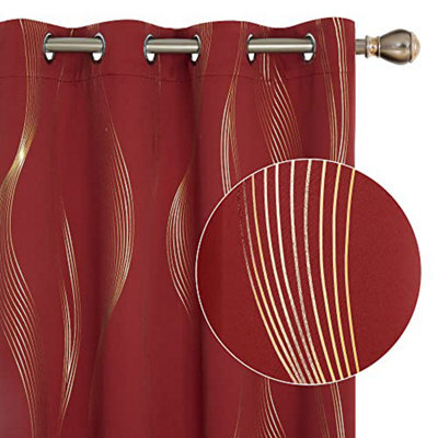 Deconovo Blackout Eyelet Curtains, Thermal Curtains Gold Wave Line Foil Printed Curtains For Bedroom 46 X 54 Inch, Red, 2 Panels - image 1