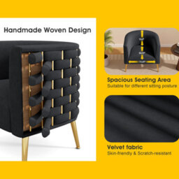 Seynar Black Velvet Tufted Barrel Accent Chair, Woven Upholstery With Wide Bucket Seat - thumbnail 5