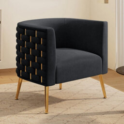 Seynar Black Velvet Tufted Barrel Accent Chair, Woven Upholstery With Wide Bucket Seat - thumbnail 1