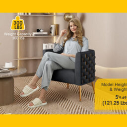 Seynar Black Velvet Tufted Barrel Accent Chair, Woven Upholstery With Wide Bucket Seat - thumbnail 2