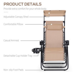 Outsunny Zero Gravity Chair Adjustable Patio Lounge W/ Cup Holder Beige - thumbnail 4
