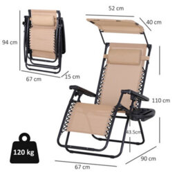 Outsunny Zero Gravity Chair Adjustable Patio Lounge W/ Cup Holder Beige - thumbnail 3