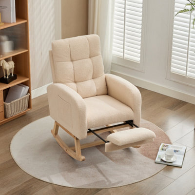 Btm Teddy Fabric Rocking Chair With Footrest Adjustable Lounge Armchair Solid Wood Legs High Back Side Pockets Beige - image 1