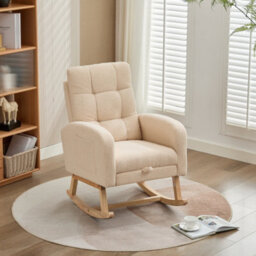 Btm Teddy Fabric Rocking Chair With Footrest Adjustable Lounge Armchair Solid Wood Legs High Back Side Pockets Beige - thumbnail 3