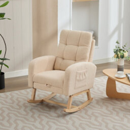 Btm Teddy Fabric Rocking Chair With Footrest Adjustable Lounge Armchair Solid Wood Legs High Back Side Pockets Beige - thumbnail 4