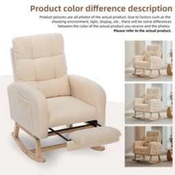 Btm Teddy Fabric Rocking Chair With Footrest Adjustable Lounge Armchair Solid Wood Legs High Back Side Pockets Beige - thumbnail 7