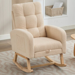 Btm Teddy Fabric Rocking Chair With Footrest Adjustable Lounge Armchair Solid Wood Legs High Back Side Pockets Beige - thumbnail 8
