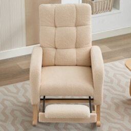 Btm Teddy Fabric Rocking Chair With Footrest Adjustable Lounge Armchair Solid Wood Legs High Back Side Pockets Beige - thumbnail 5