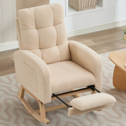 Btm Teddy Fabric Rocking Chair With Footrest Adjustable Lounge Armchair Solid Wood Legs High Back Side Pockets Beige - thumbnail 6