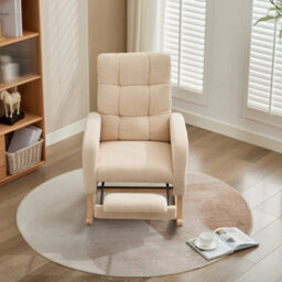 Btm Teddy Fabric Rocking Chair With Footrest Adjustable Lounge Armchair Solid Wood Legs High Back Side Pockets Beige - thumbnail 9