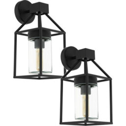 2 Pack Modern Ip44 Outdoor Wall Lights With Black Square Glass Shade - 60W E27 Porch Lamps