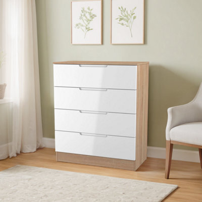 Messina Ready Assembled White & Oak 4 Drawer Wide Chest (H)875mm (W)740mm (D)390mm - image 1
