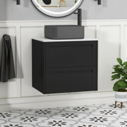 Royal Bathrooms Royal Bathroom Elmore 600mm Nocturne Black Wall Mounted Bathroom Vanity Unit 2 Drawer Plain White Worktop With Art Square Basin - thumbnail 1