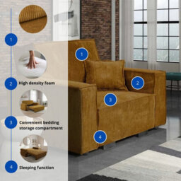 Single Sofa Bed With Bedding Storage Viva Star I Mustard Poso Fabric Pull Out Seat Wooden Frame Freestanding Modern Living Room - thumbnail 6