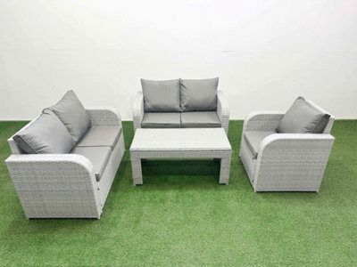 Fimous High Back Poly Rattan Garden Furniture Set Reclining Chair Loveseat Sofa Oblong Coffee Table Set Light Grey - image 1