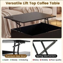 Lift Top Coffee Table With Hidden Storage Drawer Metal Legs High Gloss Black - thumbnail 4