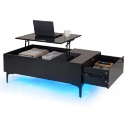 Lift Top Coffee Table With Hidden Storage Drawer Metal Legs High Gloss Black - thumbnail 1