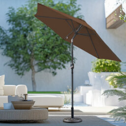 Sundaze 2.5M Coffee Round Garden Parasol Umbrella Patio Sun Shade Canopy Crank Tilt With Base