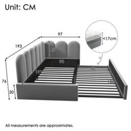 Btm 3Ft Upholstered Daybed 90X190 Cm, Single Sofa Bed With Pull Out Guest Bed, Slatted Frame, Velvet, Grey, No Mattress - thumbnail 2