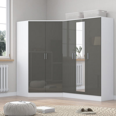 Reflect 2Pc Wardrobe Bundle - 2 Door Corner + 3 Door Mirror - Grey Gloss & Matt White - H: 180Cm X W: 179Cm X D: 103Cm - image 1