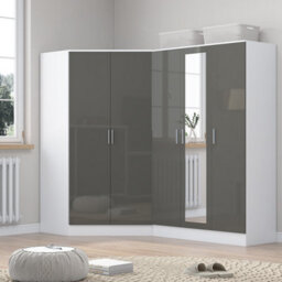 Reflect 2Pc Wardrobe Bundle - 2 Door Corner + 3 Door Mirror - Grey Gloss & Matt White - H: 180Cm X W: 179Cm X D: 103Cm
