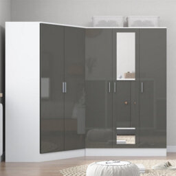 Reflect 2Pc Wardrobe Bundle - 2 Door Corner + 3 Door Mirror - Grey Gloss & Matt White - H: 180Cm X W: 179Cm X D: 103Cm - thumbnail 3