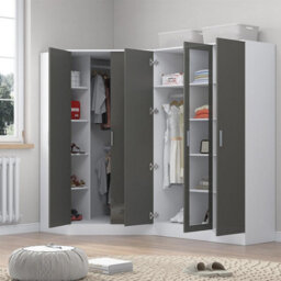 Reflect 2Pc Wardrobe Bundle - 2 Door Corner + 3 Door Mirror - Grey Gloss & Matt White - H: 180Cm X W: 179Cm X D: 103Cm - thumbnail 2