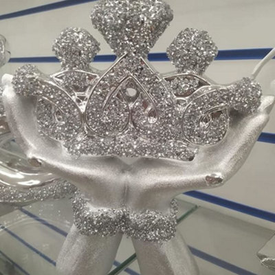 Biznest Crushed Diamond Crystal Silver Crown In Hands Figurine Ornament Home Décor Shelf Décor Table Decoration