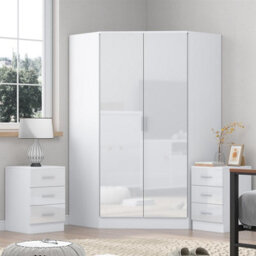 Reflect 3Pc Wardrobe Bundle - 2 Door Corner + 2X 3 Drawer Bedsides - White Gloss & Matt White - H: 180Cm X W: 179Cm X D: 103Cm - thumbnail 1