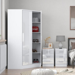 Reflect 3Pc Wardrobe Bundle - 2 Door Corner + 2X 3 Drawer Bedsides - White Gloss & Matt White - H: 180Cm X W: 179Cm X D: 103Cm - thumbnail 4