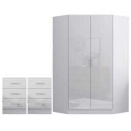 Reflect 3Pc Wardrobe Bundle - 2 Door Corner + 2X 3 Drawer Bedsides - White Gloss & Matt White - H: 180Cm X W: 179Cm X D: 103Cm - thumbnail 5