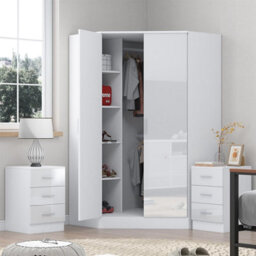 Reflect 3Pc Wardrobe Bundle - 2 Door Corner + 2X 3 Drawer Bedsides - White Gloss & Matt White - H: 180Cm X W: 179Cm X D: 103Cm - thumbnail 2