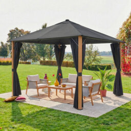 Sweeek - Aluminum Gazebo 3X3M With Wood Effect, Curtains, And Led Anthracite - Veluna - thumbnail 1