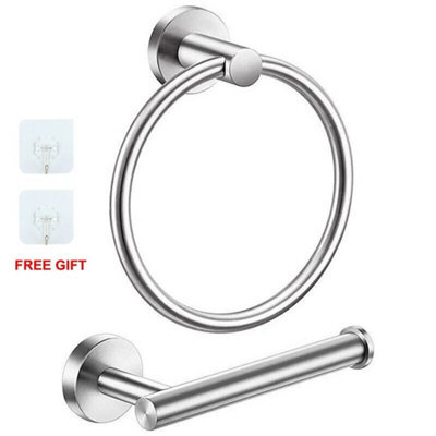 Silver Toilet Roll + Ring Set New Stainless Steel Toilet Roll Holder And Towel Ring Set Bathroom Wall Mounted - image 1