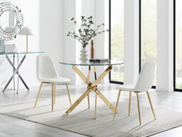 Furniturebox Uk Novara 100Cm Round Gold Leg Dining Table & 2 White Corona Gold Chairs