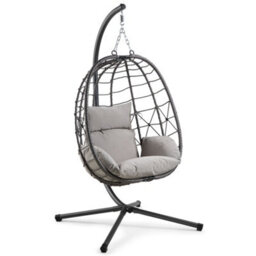 Vonhaus Hanging Egg Chair, Grey Rattan Garden Swing Chair With Stand, Foldable Hanging Chair W/ Padded Cushions, Outdoor & Indoor