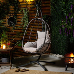Vonhaus Hanging Egg Chair, Grey Rattan Garden Swing Chair With Stand, Foldable Hanging Chair W/ Padded Cushions, Outdoor & Indoor - thumbnail 4