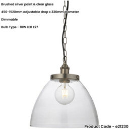 Loops Hanging Ceiling Pendant Light - Brushed Silver Paint & Clear Glass - 10W Led E27 - thumbnail 2